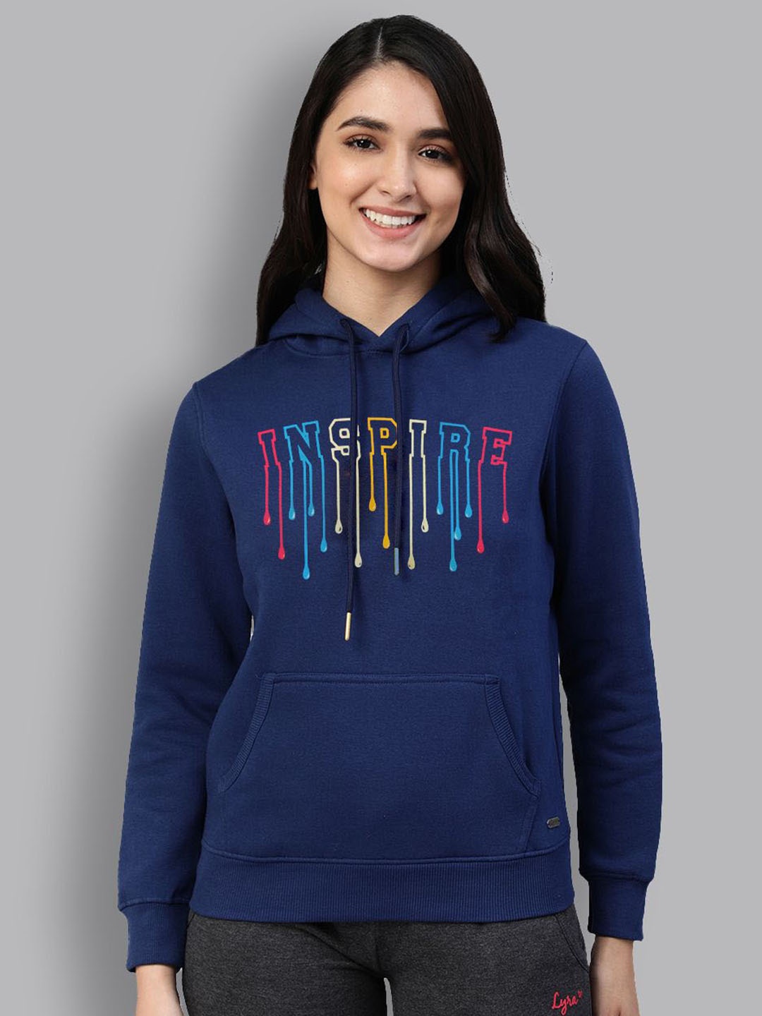 

LYRA Typography Printed Hooded Cotton Pullover Sweatshirt, Navy blue