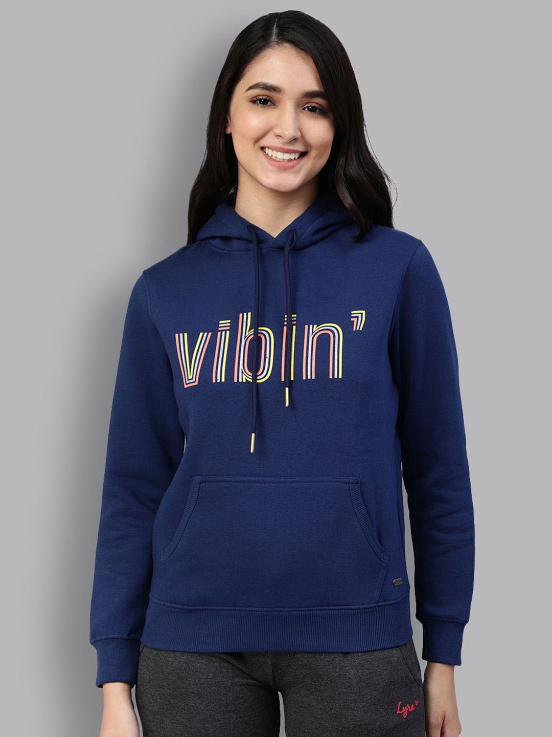 

LYRA Typography Printed Hooded Pullover Cotton Sweatshirt, Blue