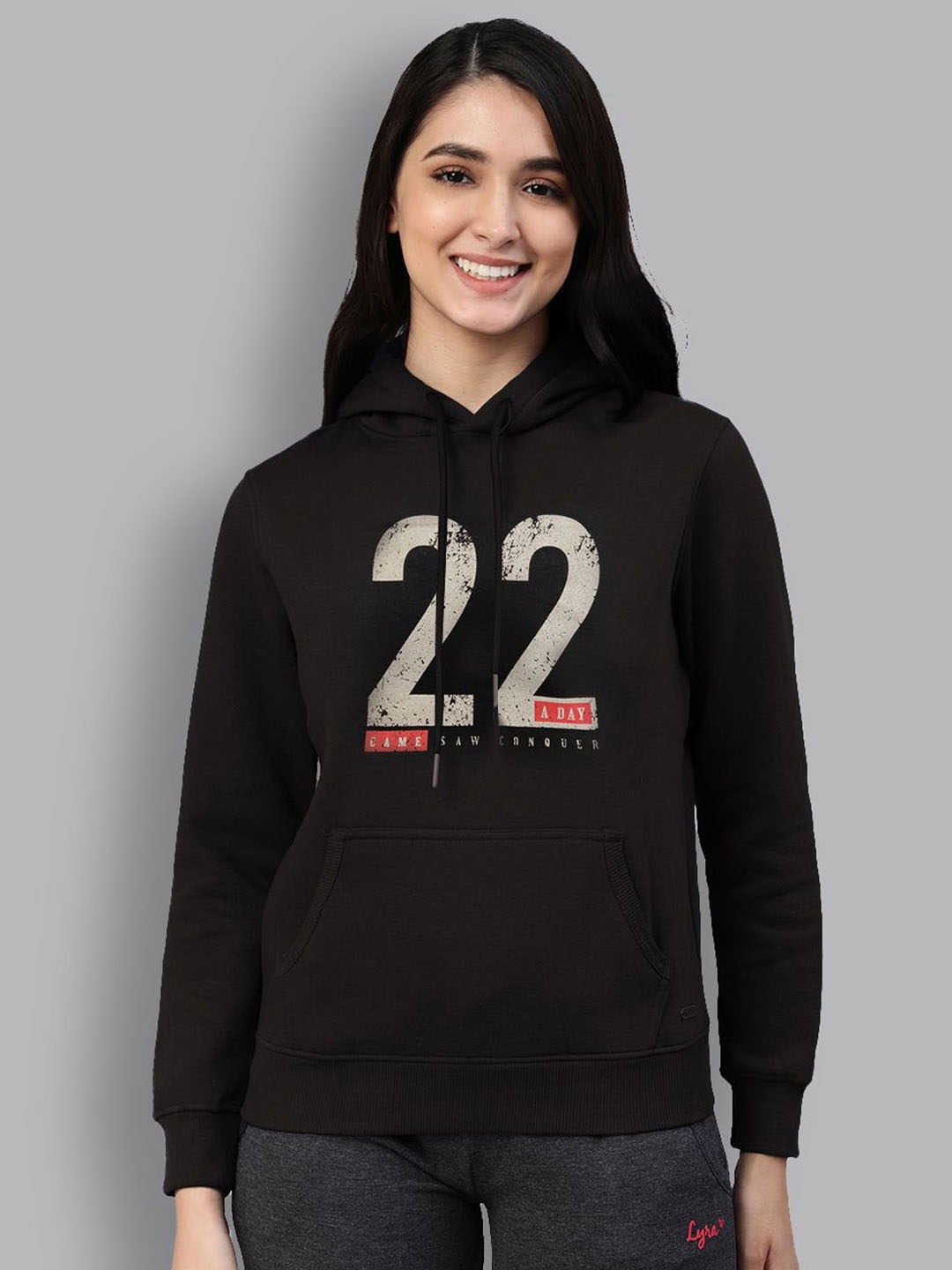 

LYRA Typography Printed Hooded Pullover Cotton Sweatshirt, Black