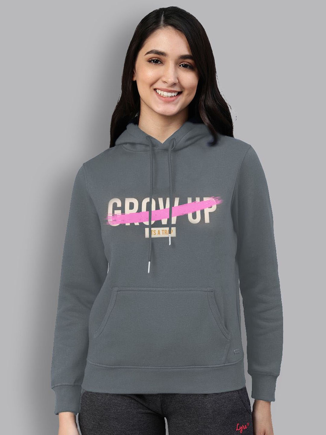 

LYRA Typography Printed Hooded Pullover Cotton Sweatshirt, Grey