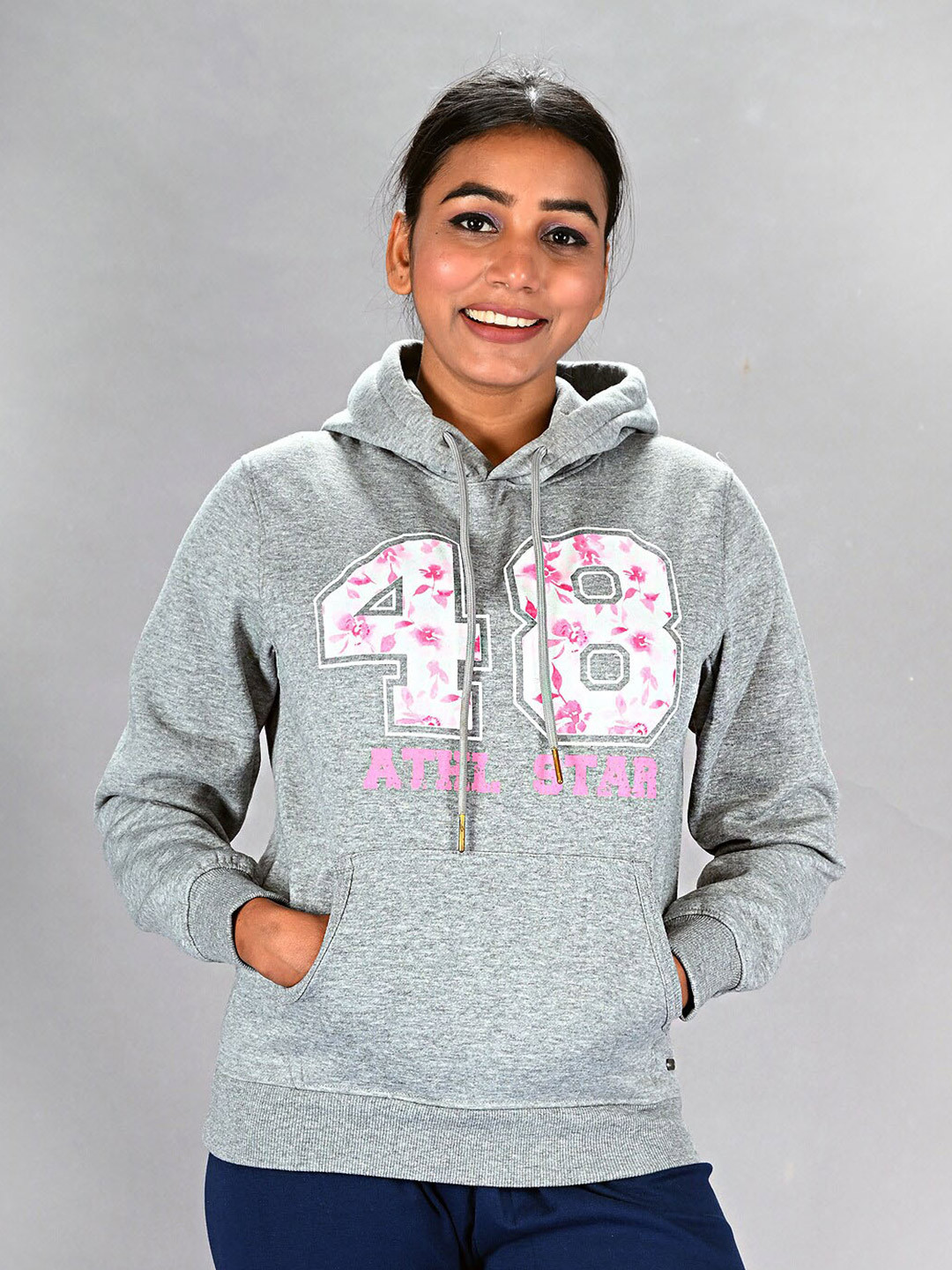 

LYRA Typography Printed Hooded Pullover Cotton Sweatshirt, Grey