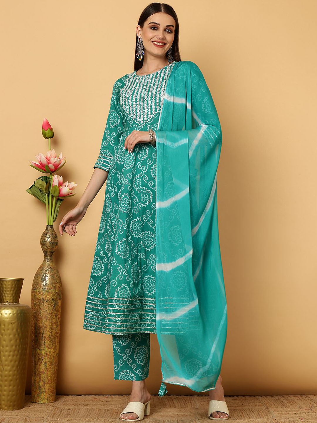 

GULMOHAR JAIPUR Ethnic Embroidered Round Neck Anarkali Kurta with Trousers & Dupatta, Sea green