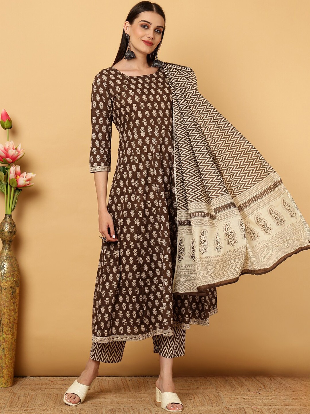 

GULMOHAR JAIPUR Ethnic Printed Round Neck Cotton Straight Kurta with Trousers & Dupatta, Brown