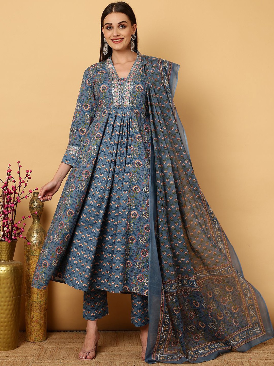 

GULMOHAR JAIPUR Ethnic Embroidered V-Neck Cotton Anarkali Kurta with Trousers & Dupatta, Grey