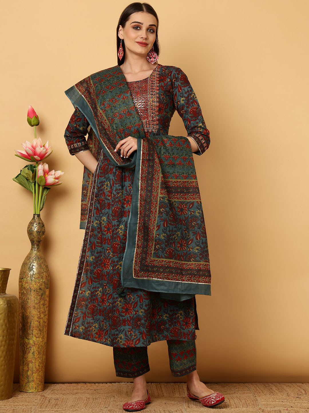 

GULMOHAR JAIPUR Floral Printed Pure Cotton Sequinned Anarkali Kurta & Trousers & Dupatta, Teal