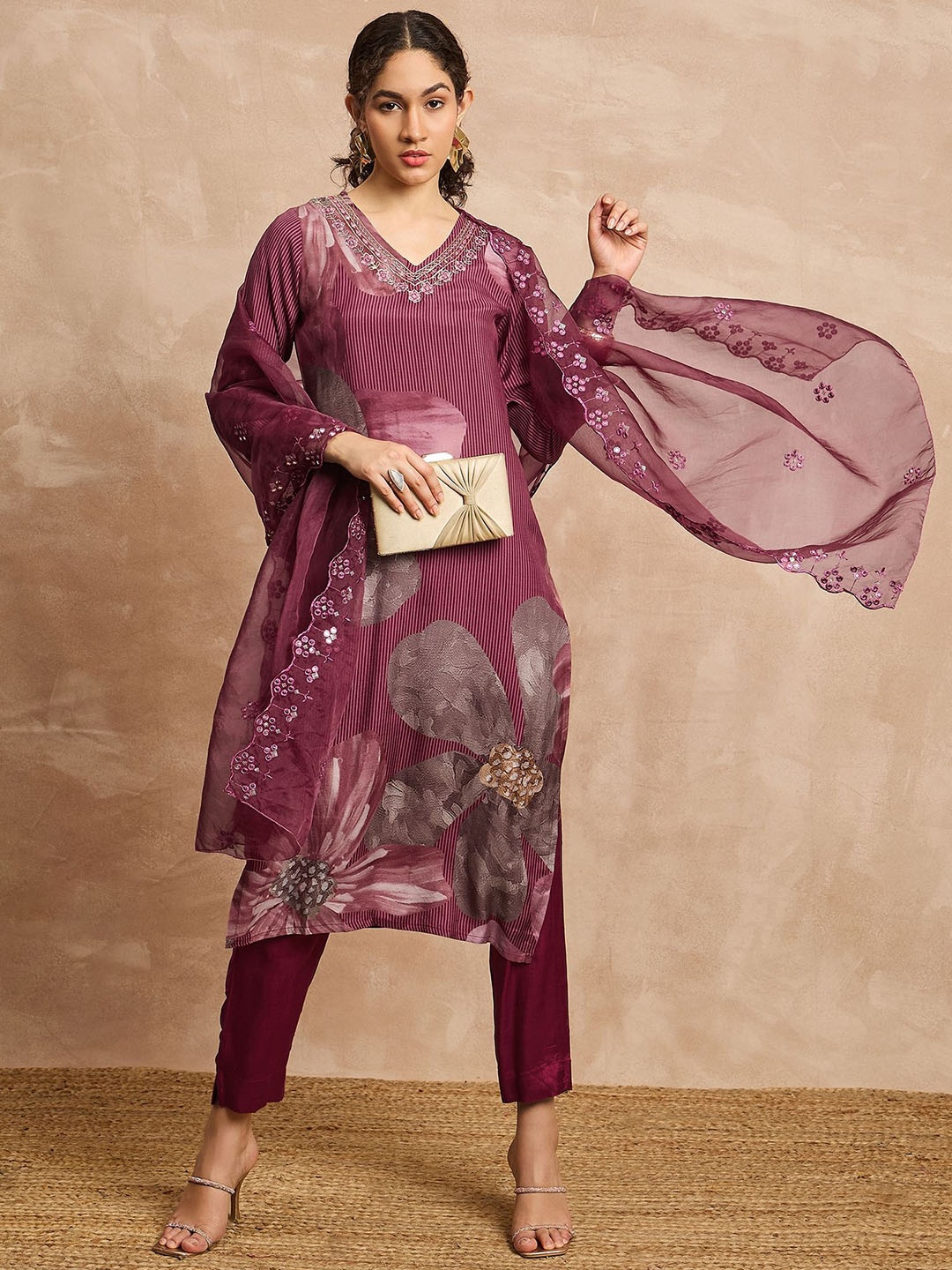 

all about you Pink Floral Embroidered Mirror Work V-Neck Kurta with Trousers & Dupatta