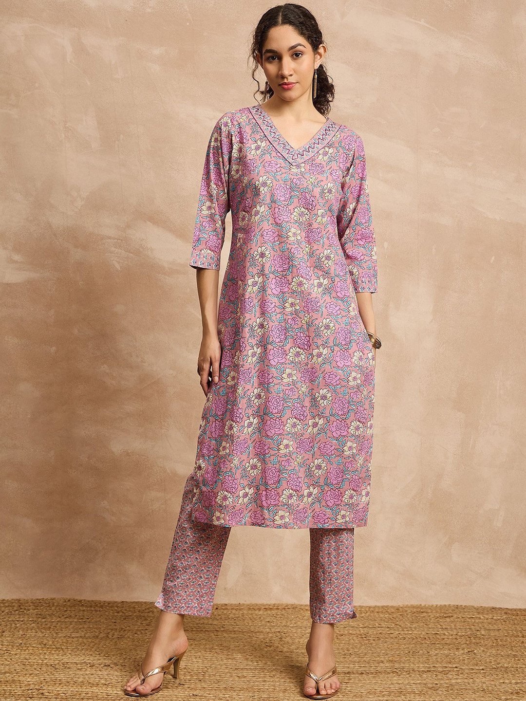 

all about you Ethnic Motifs Printed Beads And Stones Pure Cotton Straight Kurta & Trousers, Pink