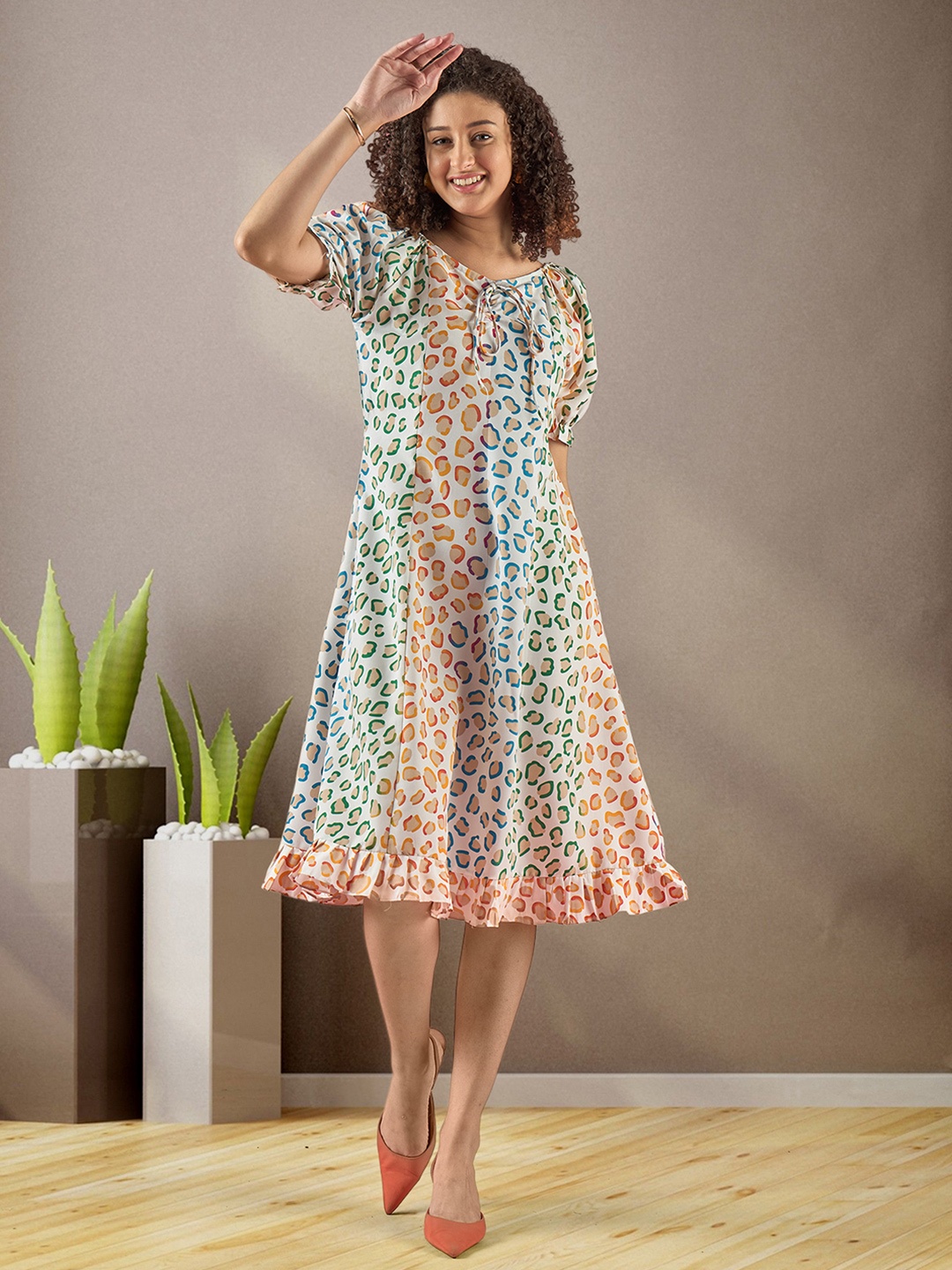 

DressBerry Floral Printed Puff Sleeves Crepe A-Line Dress, White