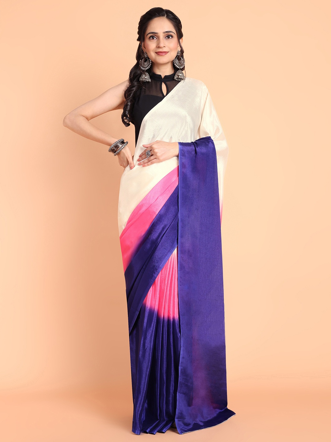 

MAGMINA Ombre Poly Chiffon Ready to Wear Banarasi Saree, Navy blue