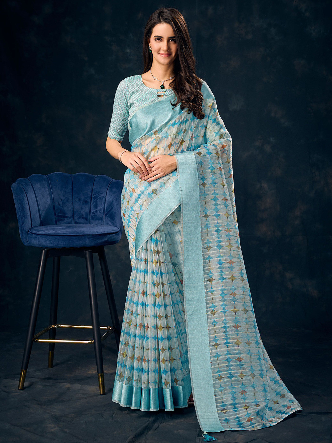 

Mitera Organza Saree, Blue