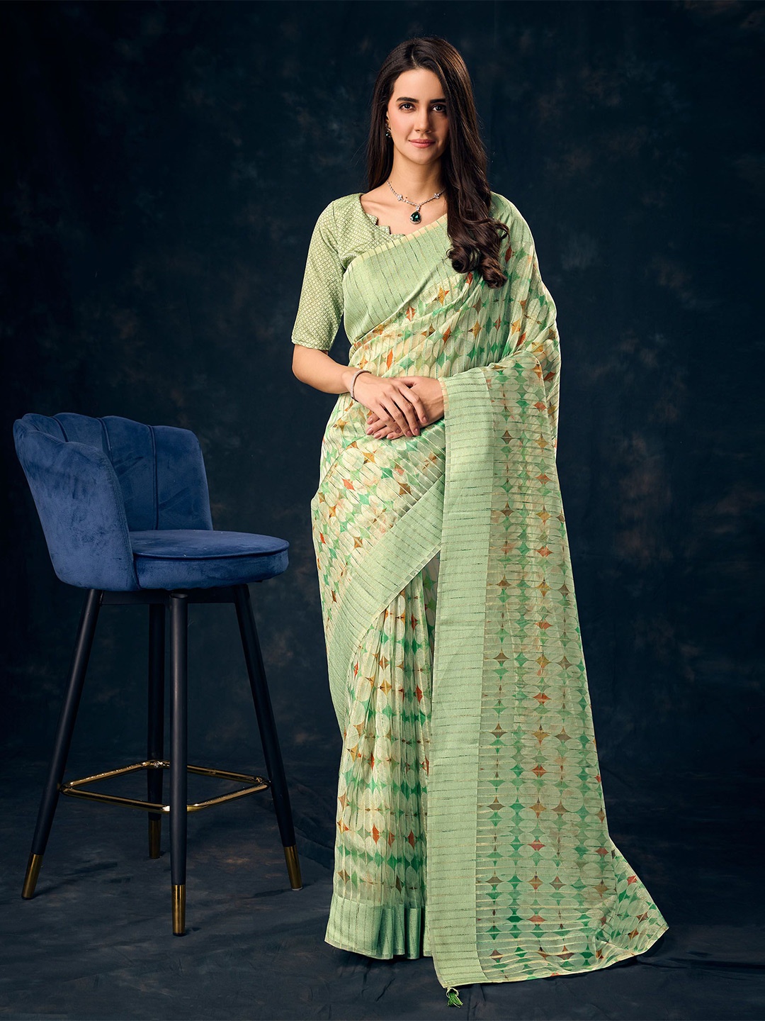 

Mitera Organza Saree, Sea green