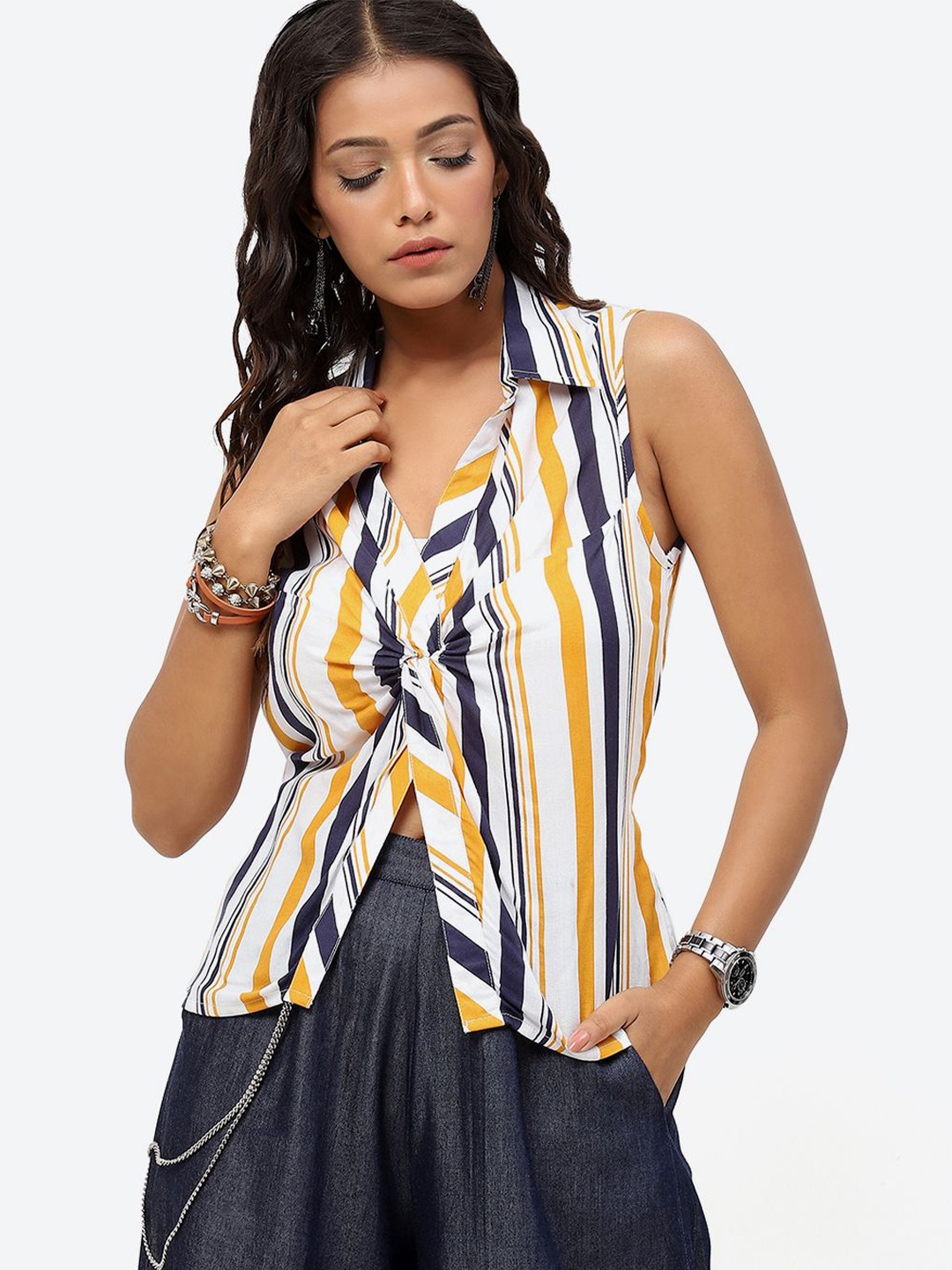

Baawri Striped Sleeveless Twisted Shirt Style Top, White