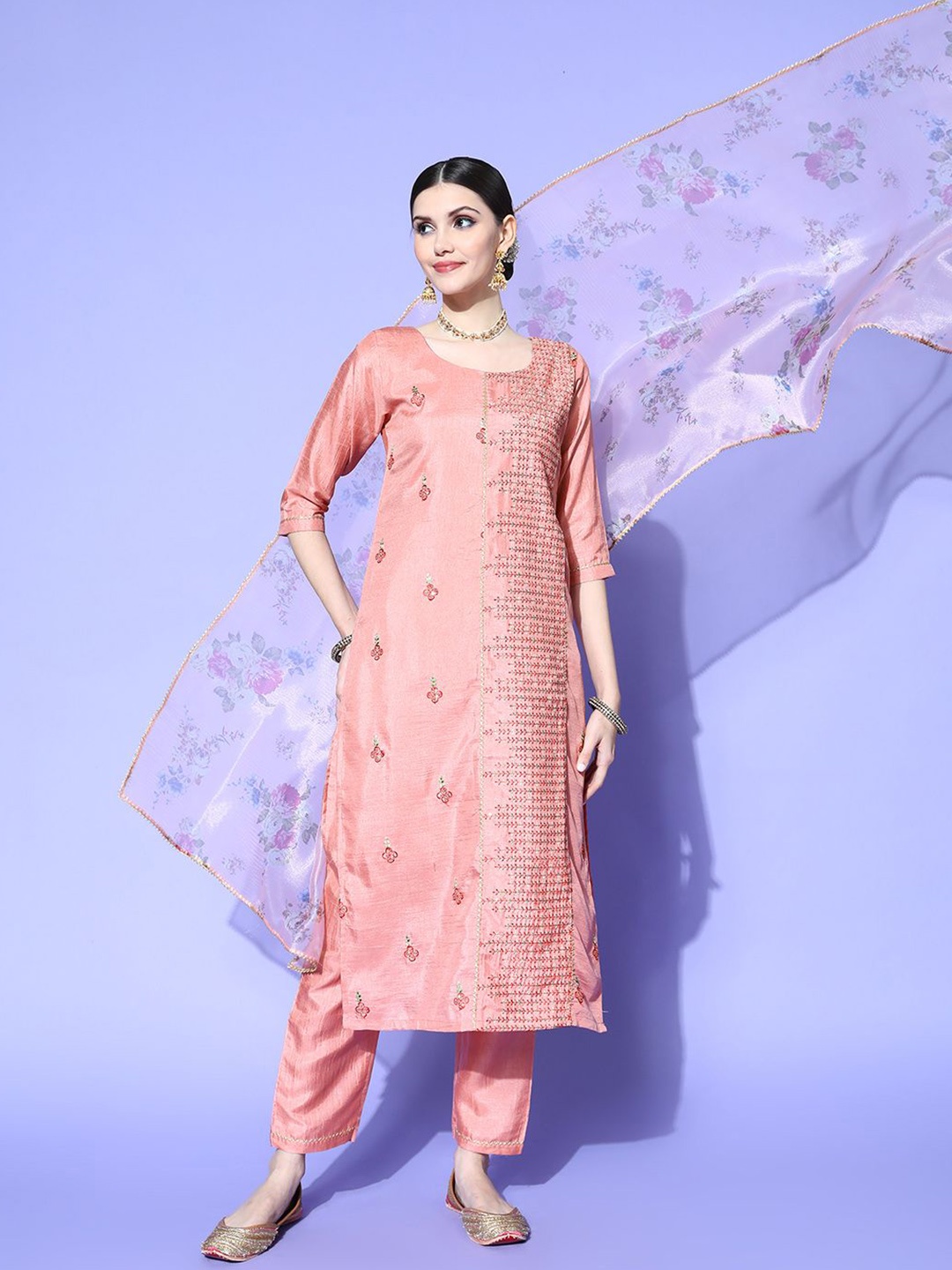 

KALINI Floral Printed Thread Work Silk Chiffon Straight Kurta With Trousers & Dupatta, Pink