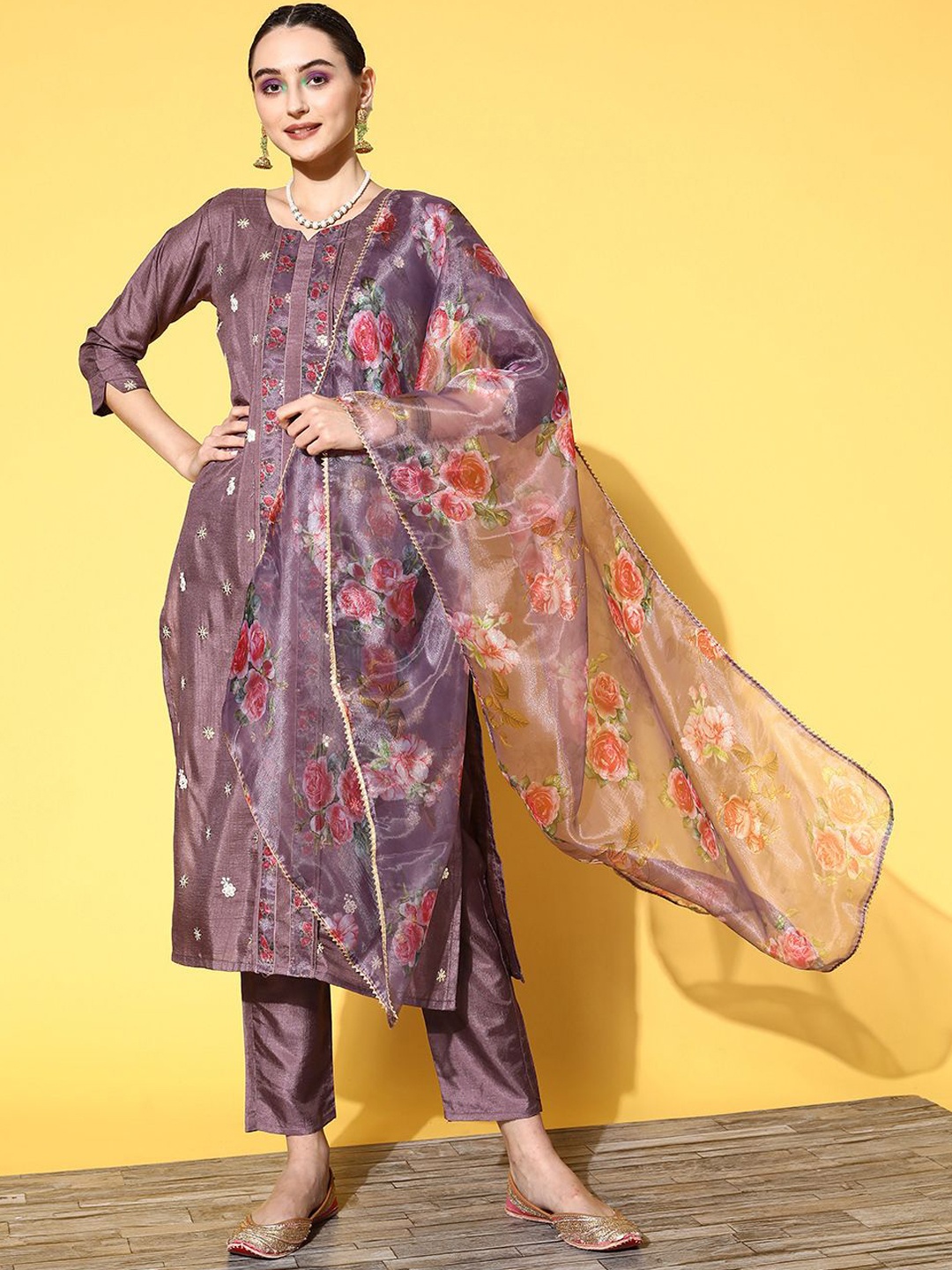 

KALINI Floral Embroidered Thread Work Silk Chiffon Straight Kurta With Trousers & Dupatta, Purple