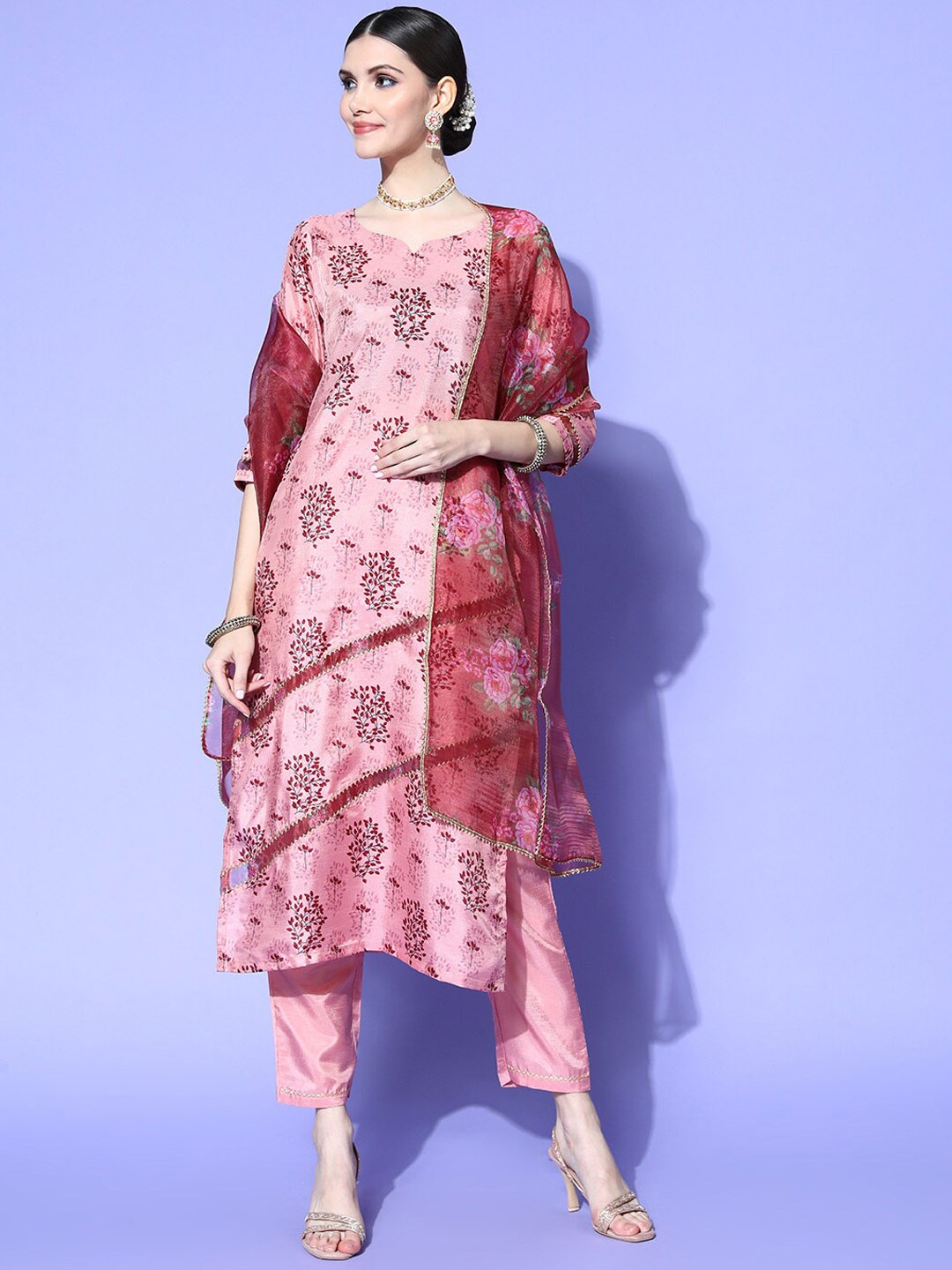 

KALINI Floral Printed Silk Chiffon Straight Kurta With Trousers & Dupatta, Pink