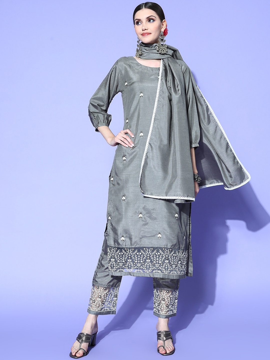 

KALINI Floral Embroidered Thread Work Silk Chiffon Kurta With Trousers & Dupatta, Grey