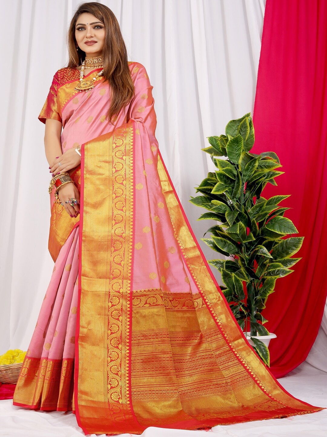 

SGF11 Ethnic Motifs Zari Art Silk Kanjeevaram Saree, Peach