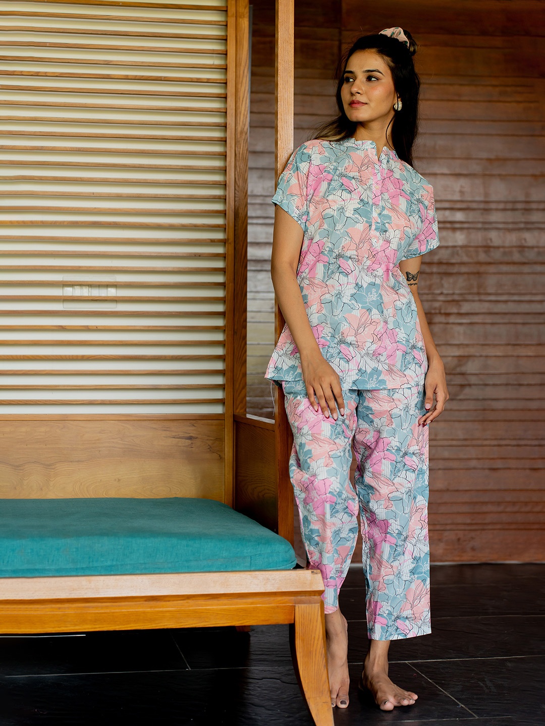 

MIRCHI FASHION Pink Floral Printed Pure Cotton Top With Pyjamas
