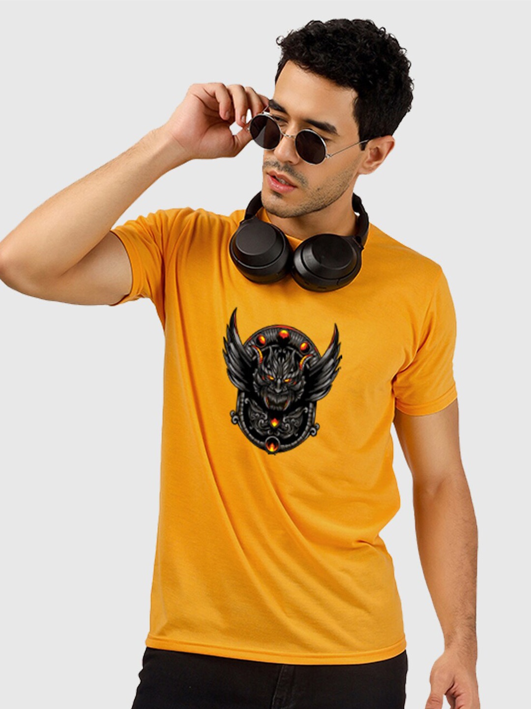 

Greylongg Graphic Printed Round Neck Cotton Regular T-shirt, Mustard