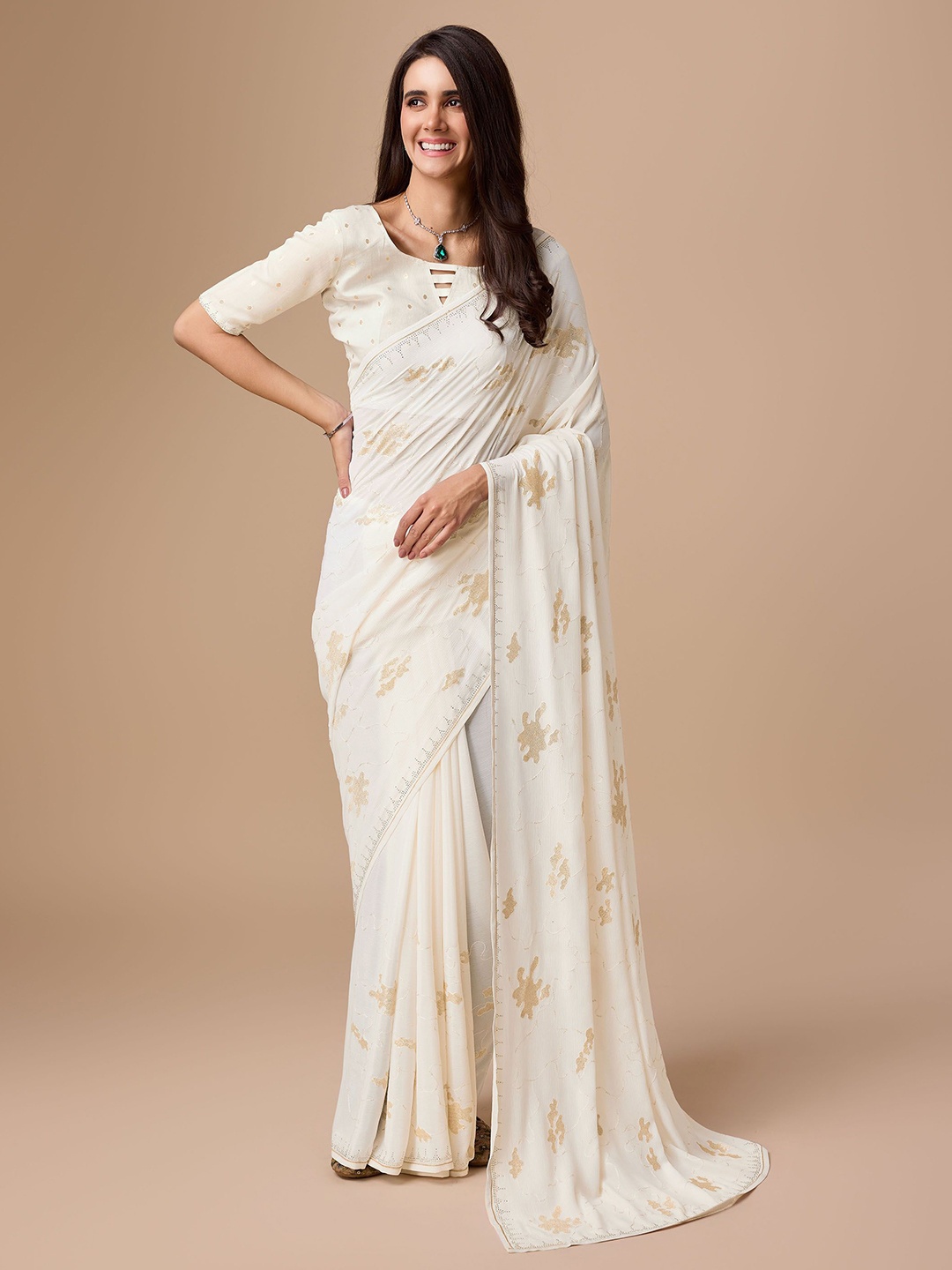 Rekha Maniyar Checked Sequinned Silk Blend Saree, White