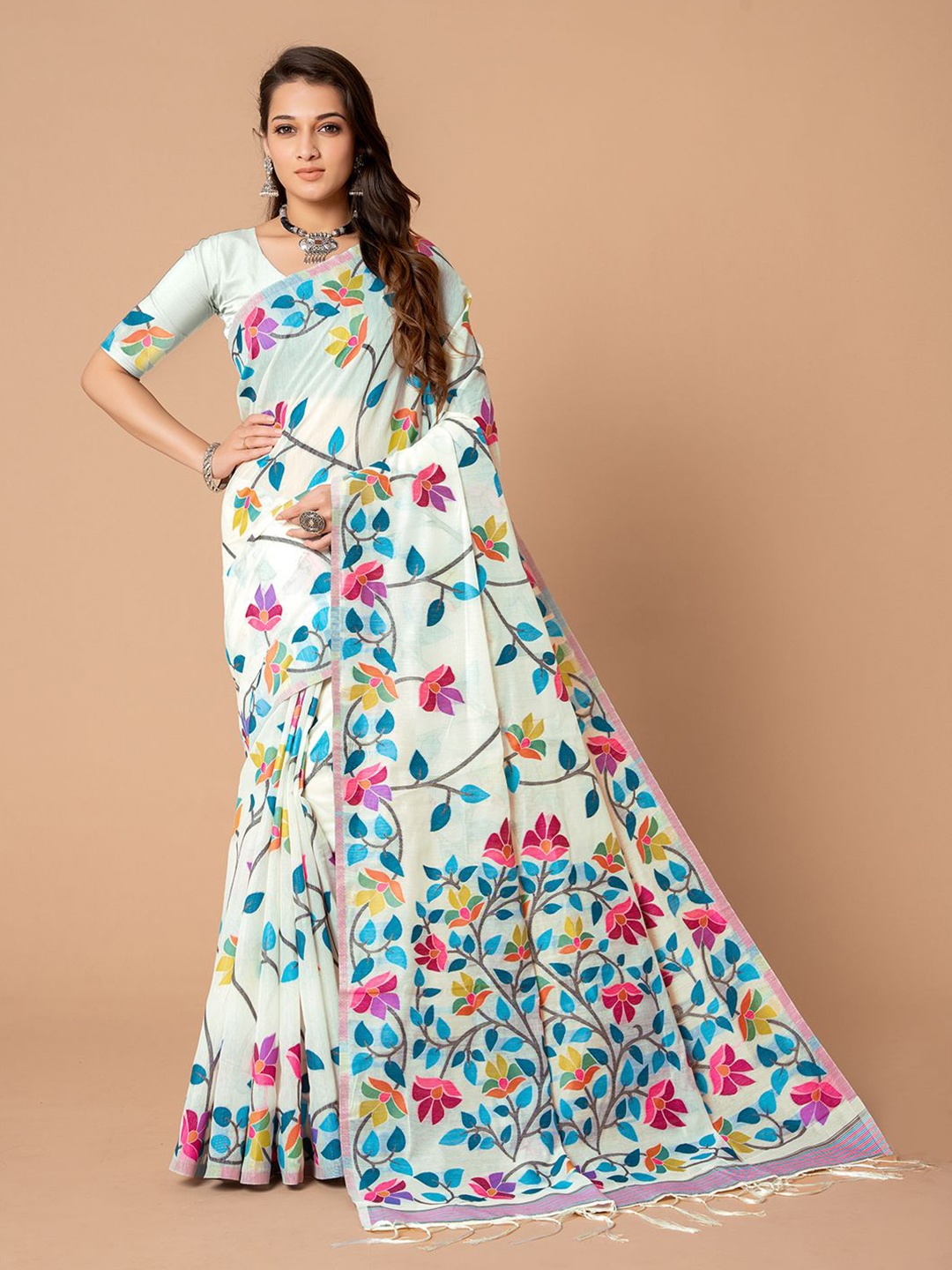 

Pionex Woven Design Jamdani Saree, White