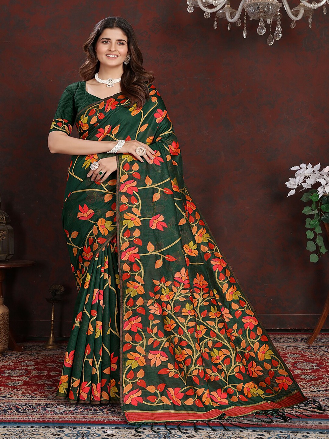 

Pionex Ethnic Motifs Jamdani Saree, Green