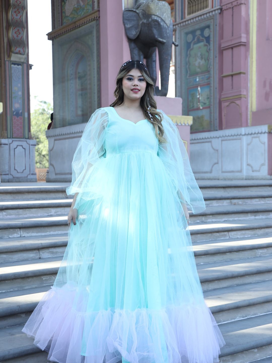 

Swadeshi Shringaar Sweetheart Neck Net Fit & Flare Dress, Sea green