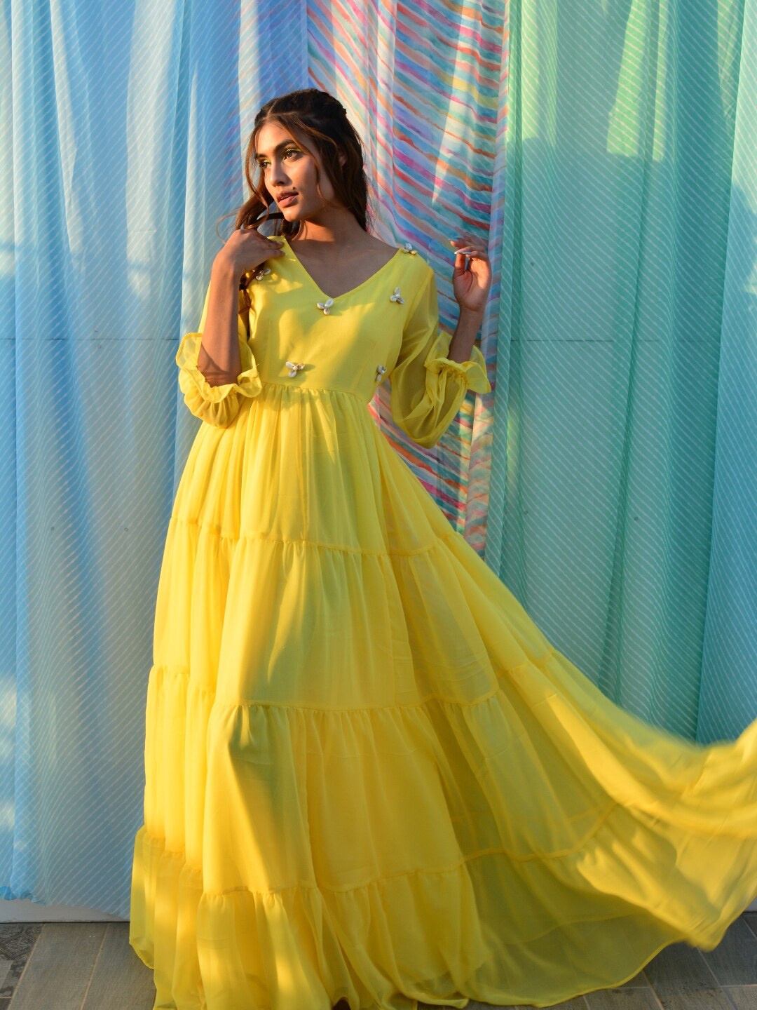 

Swadeshi Shringaar V-Neck Georgette Fit & Flare Maxi Dress, Yellow