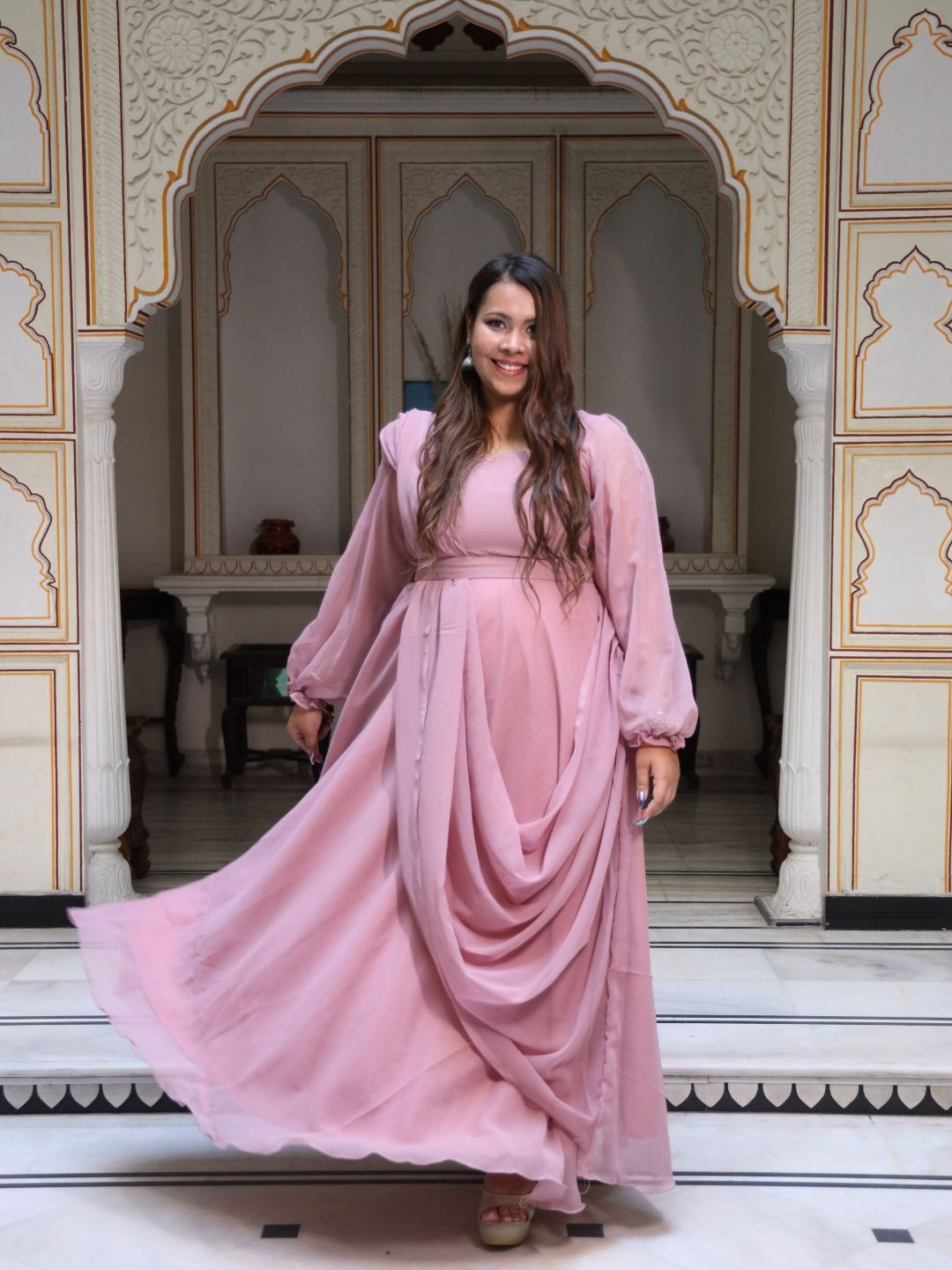 

Swadeshi Shringaar Georgette Puff Sleeves Maxi Dress, Pink