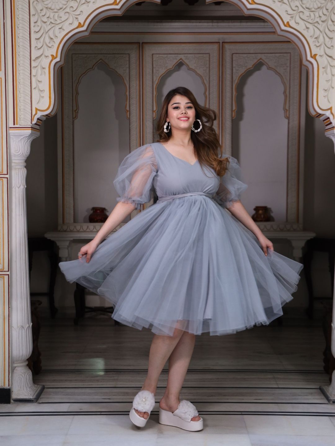 

Swadeshi Shringaar Plus Size V Neck Fit & Flare Dress, Grey