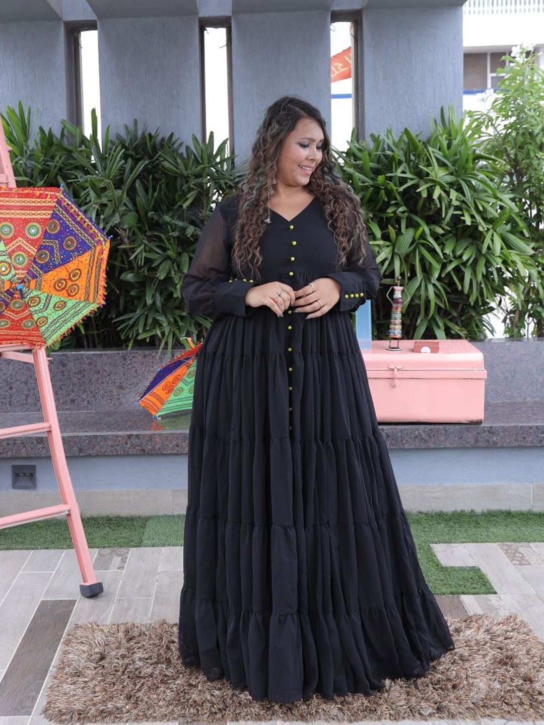 

Swadeshi Shringaar Plus Size Georgette A-Line Maxi Dress, Black