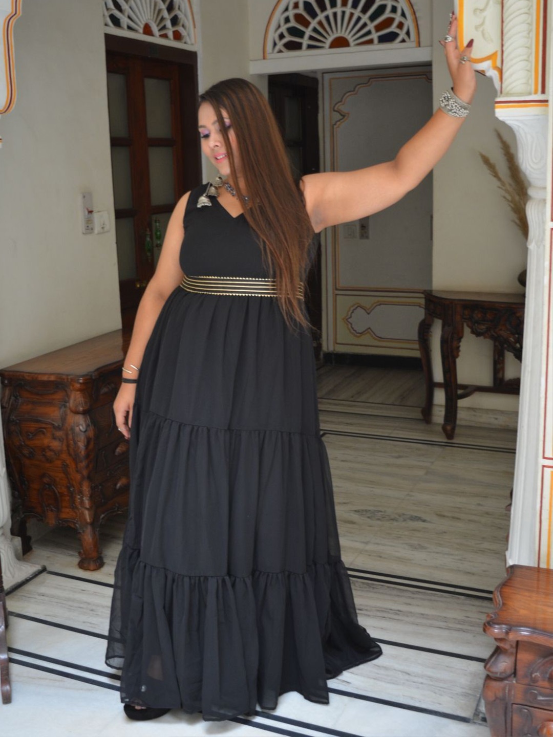

Swadeshi Shringaar V Neck Sleeveless Georgette Maxi Dress, Black