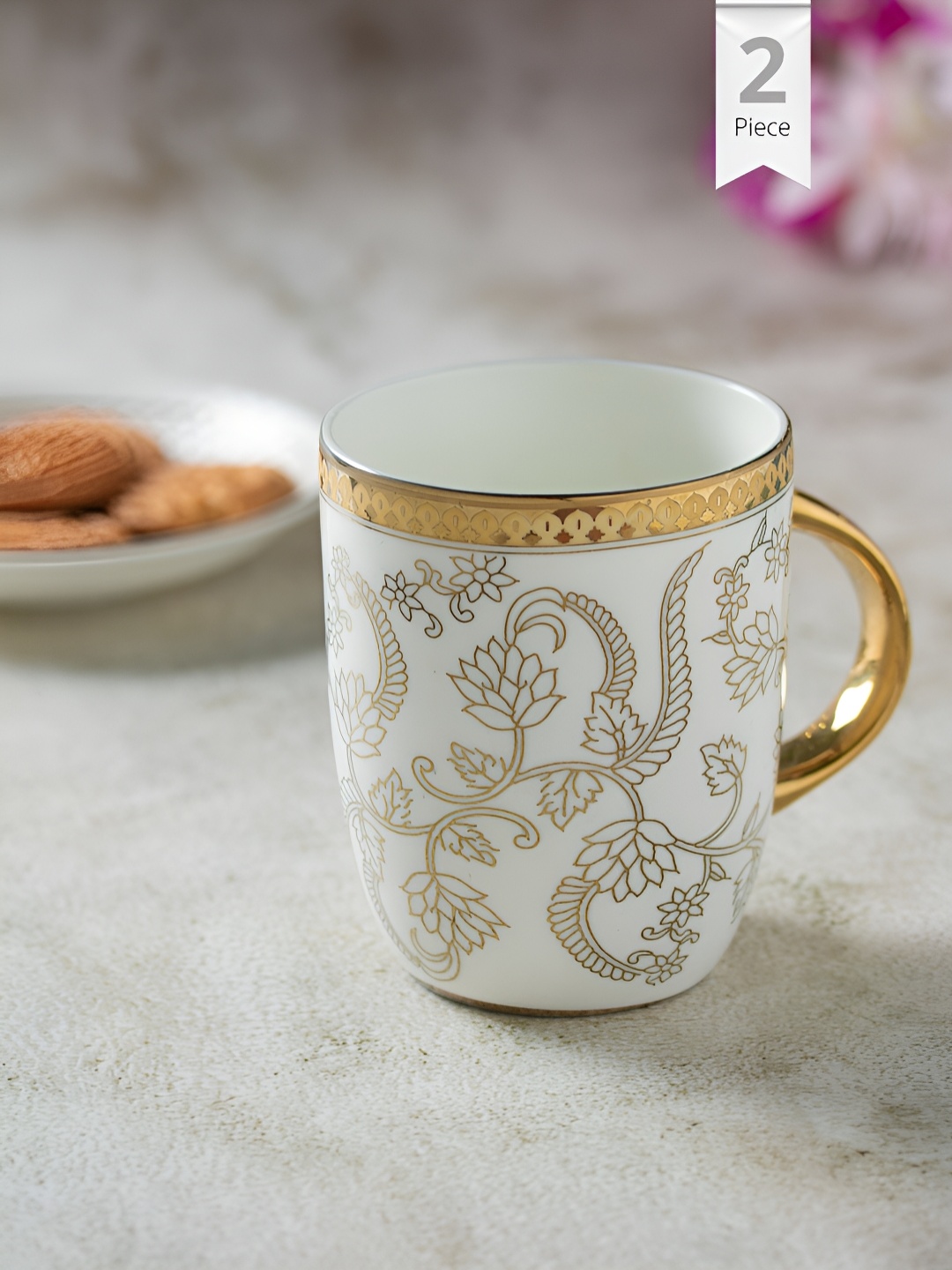 

CLAY CRAFT White & Gold-Toned 2 Pieces Printed Ceramic Glossy Mugs 370 ml Each