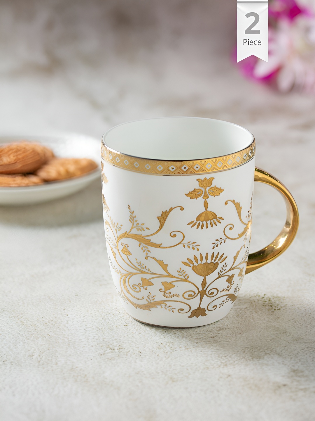 

CLAY CRAFT White & Gold-Toned 2 Pieces Printed Ceramic Glossy Mugs 370 ml Each