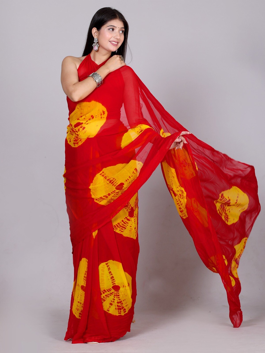 

VL SAREES Tie and Dye Pure Chiffon Saree, Red