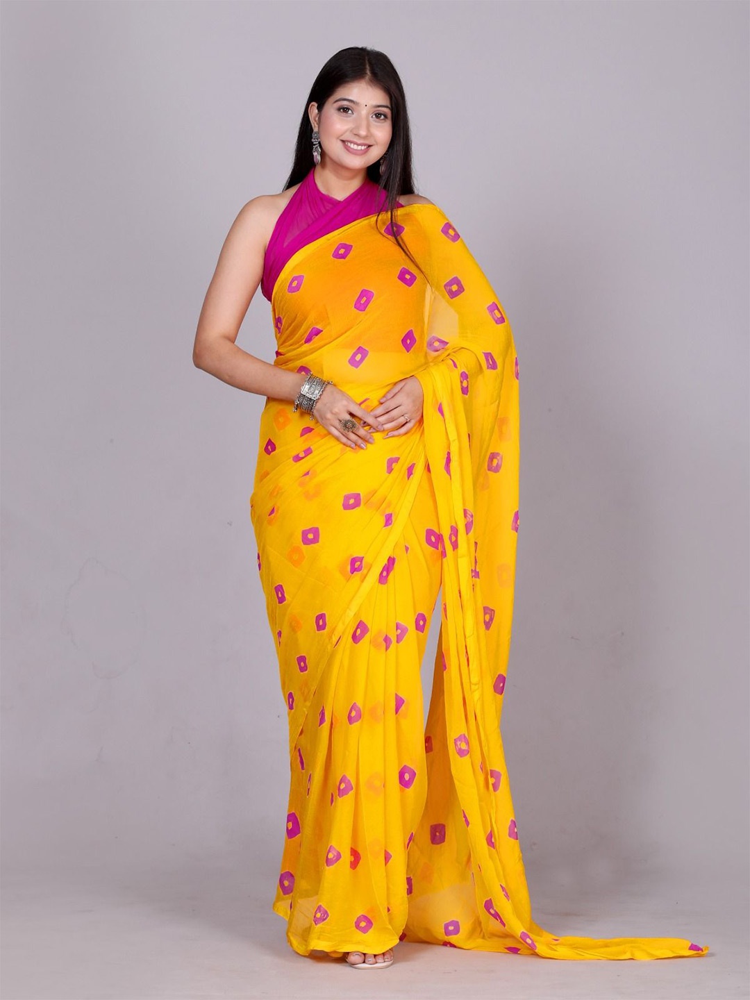 

VL SAREES Bandhani Pure Chiffon Bandhani Saree, Yellow