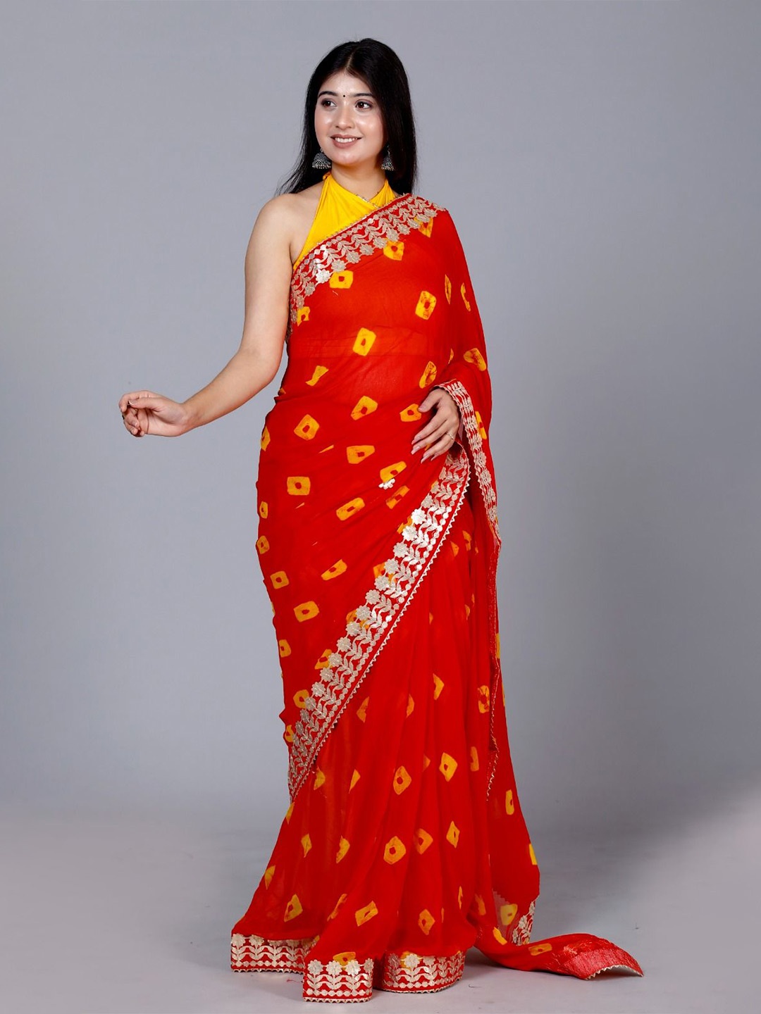 

VL SAREES Tie and Dye Gotta Patti Pure Chiffon Saree, Red