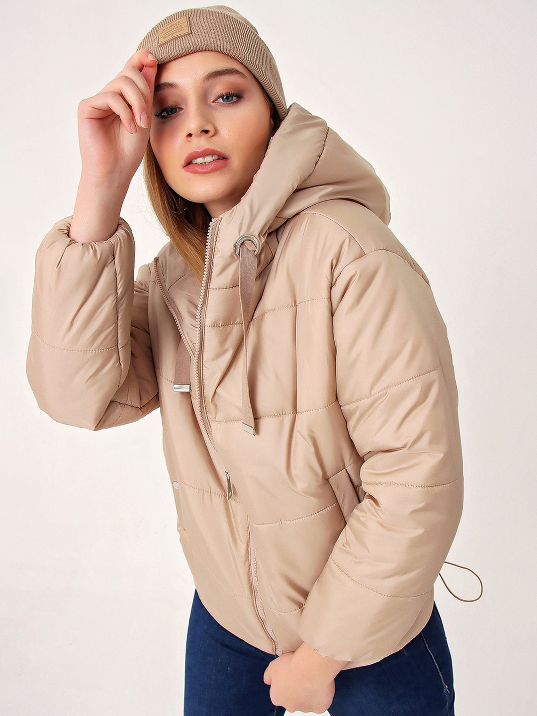 

BIGDART Solid Single-Breasted Hooded Overcoat, Beige
