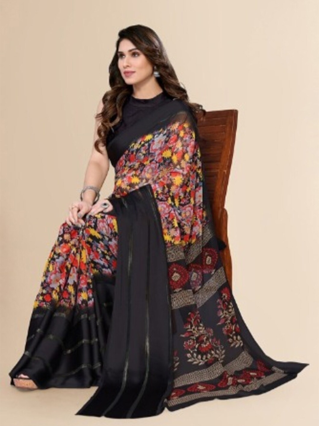 Rujave Floral Satin Saree, Black