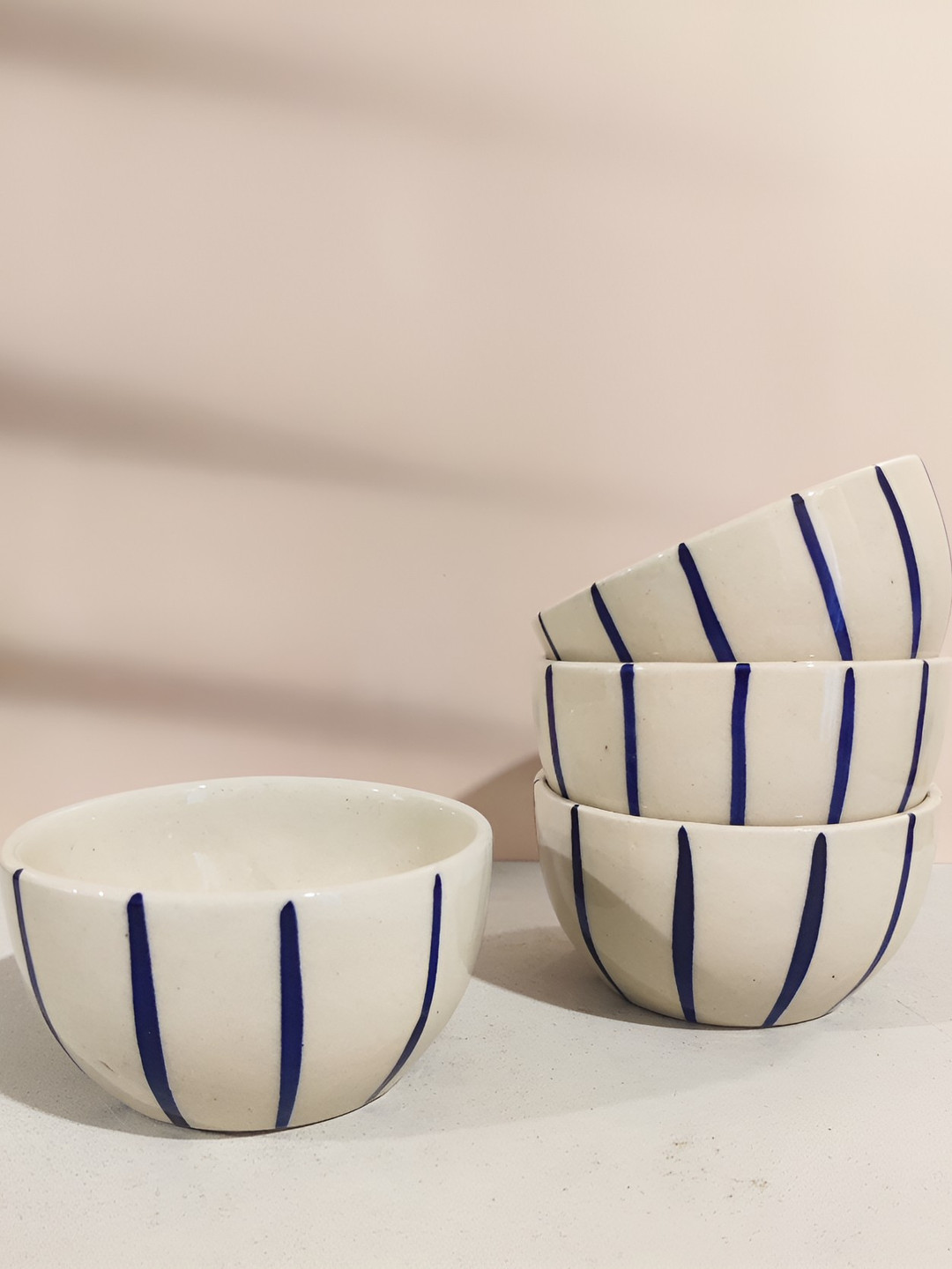 

One Posh Home Cream & Blue 4 Pieces Printed Ceramic Stoneware Serving Bowls 250ml