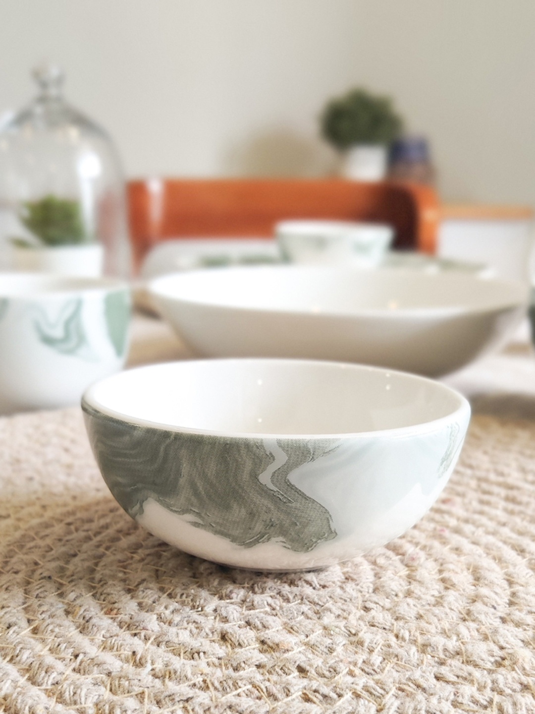

One Posh Home White and Sage Green 2 Pieces Marble Printed Dessert bowls