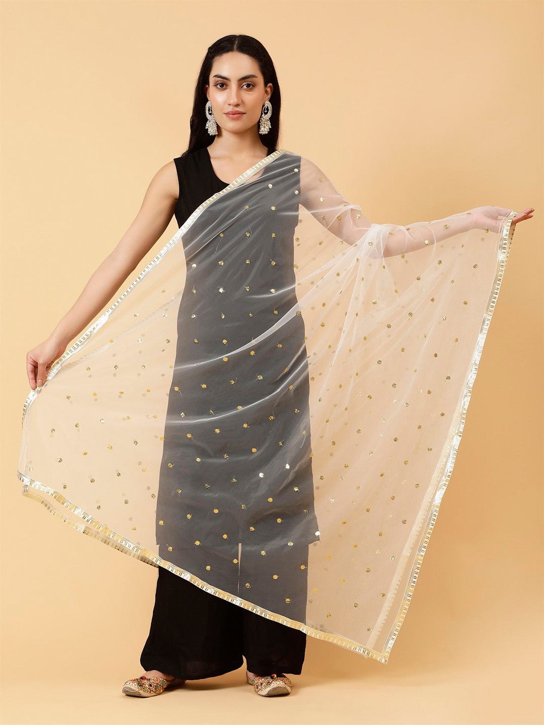 

Moda Chales Ethnic Motifs Embroidered Sequinned Dupatta, White
