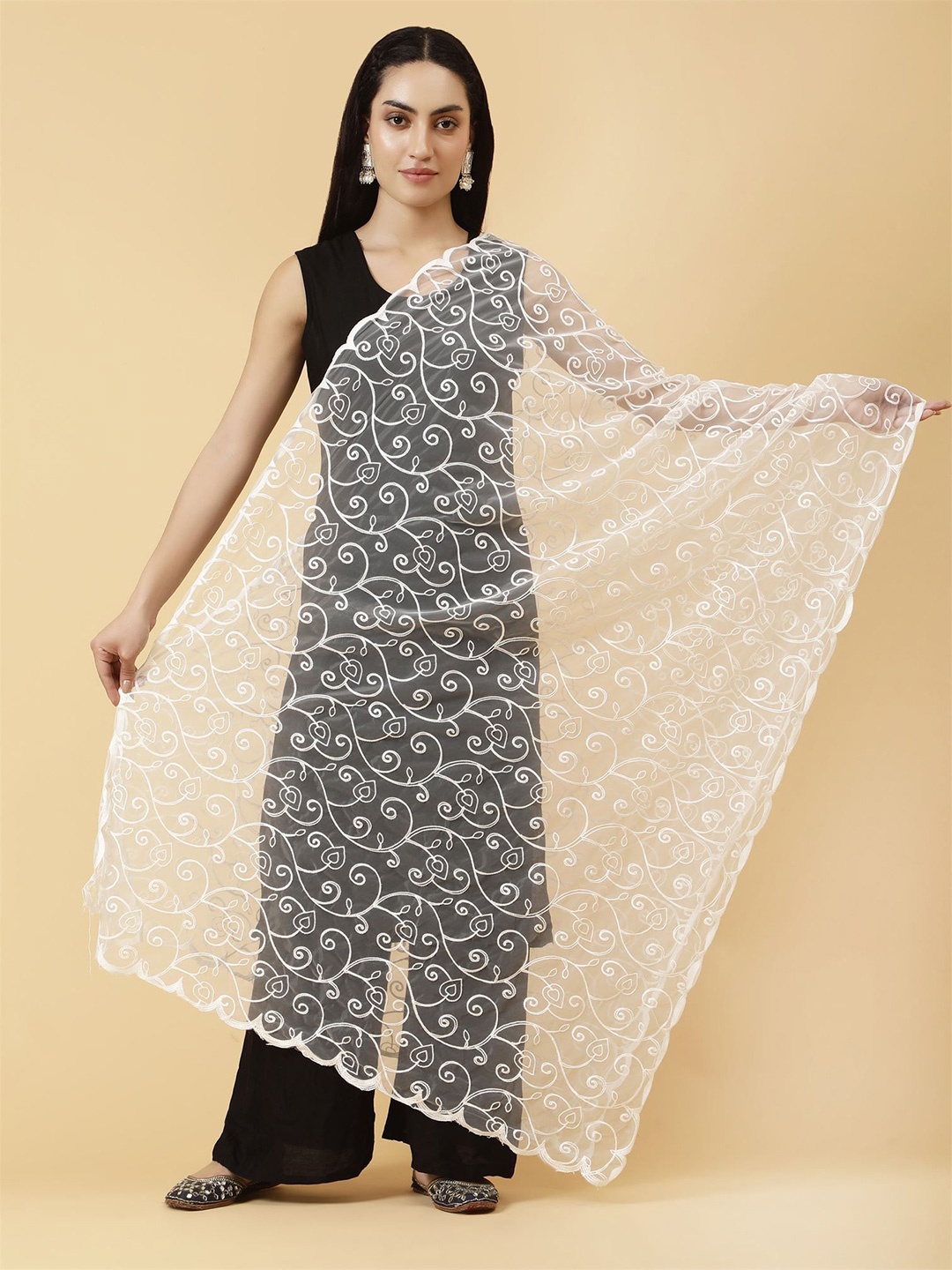 

Moda Chales Floral Embroidered Net Dupatta with Thread Work, White