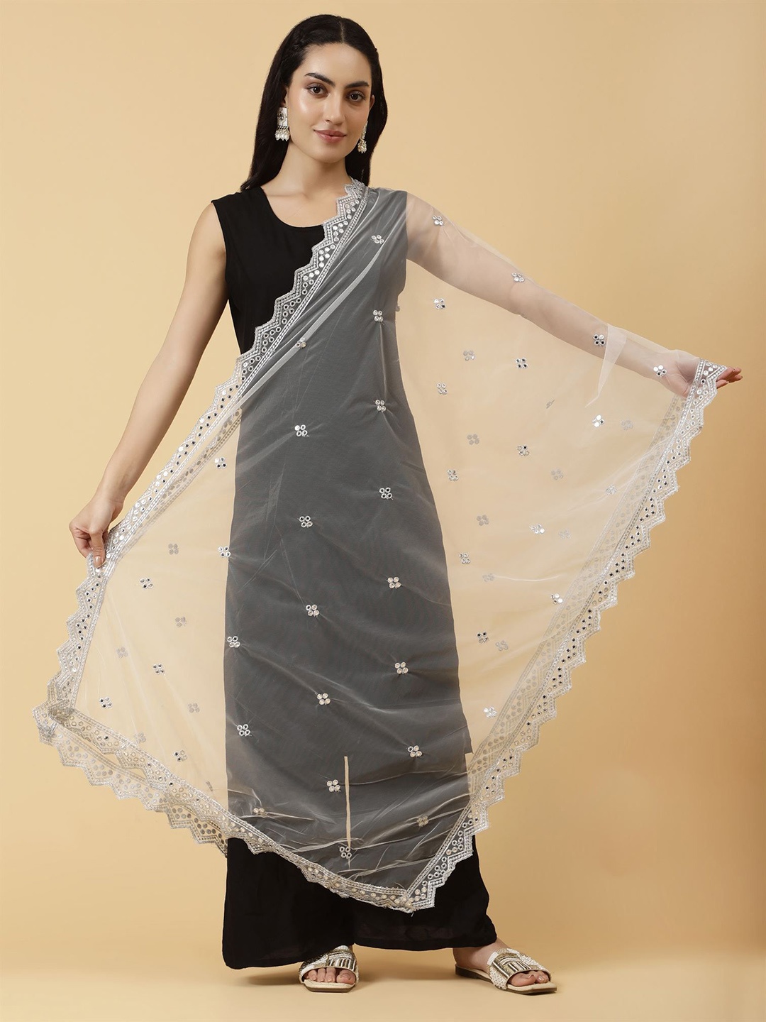 

Moda Chales Ethnic Motifs Embroidered Mirror Work Dupatta, White