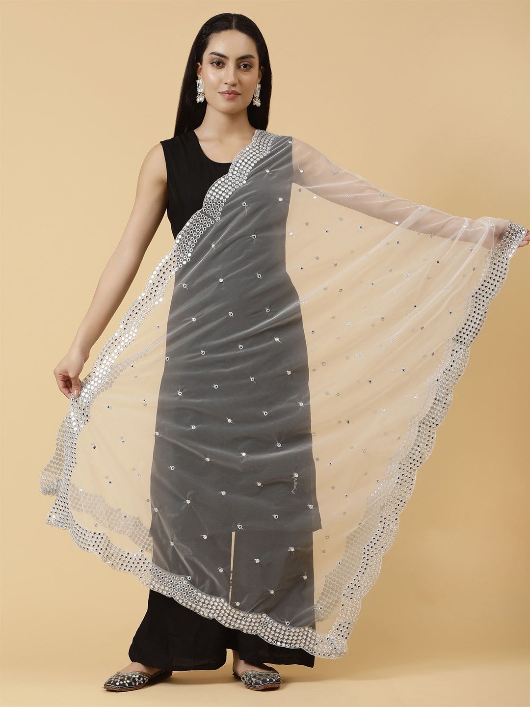 

Moda Chales Ethnic Motifs Embroidered Mirror Work Dupatta, White