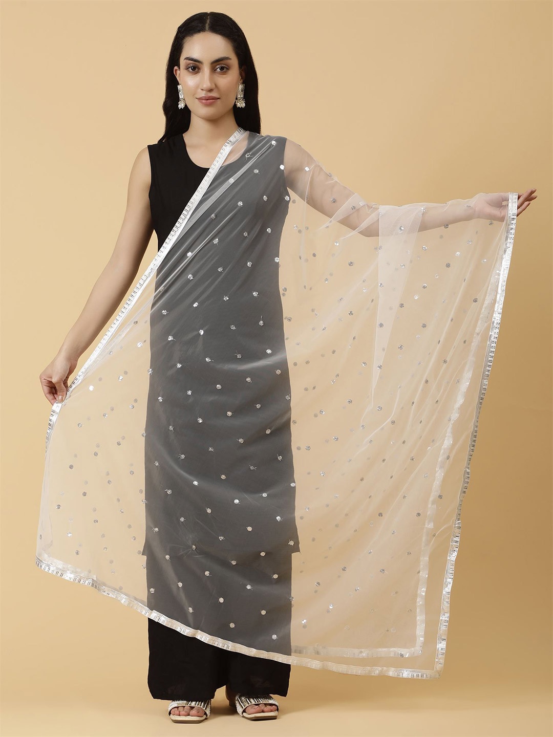

Moda Chales Embroidered Net Dupatta with Sequinned, White