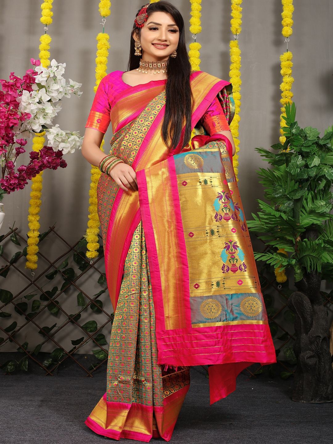 

SGF11 Woven Design Zari Art Silk Kanjeevaram Saree, Teal