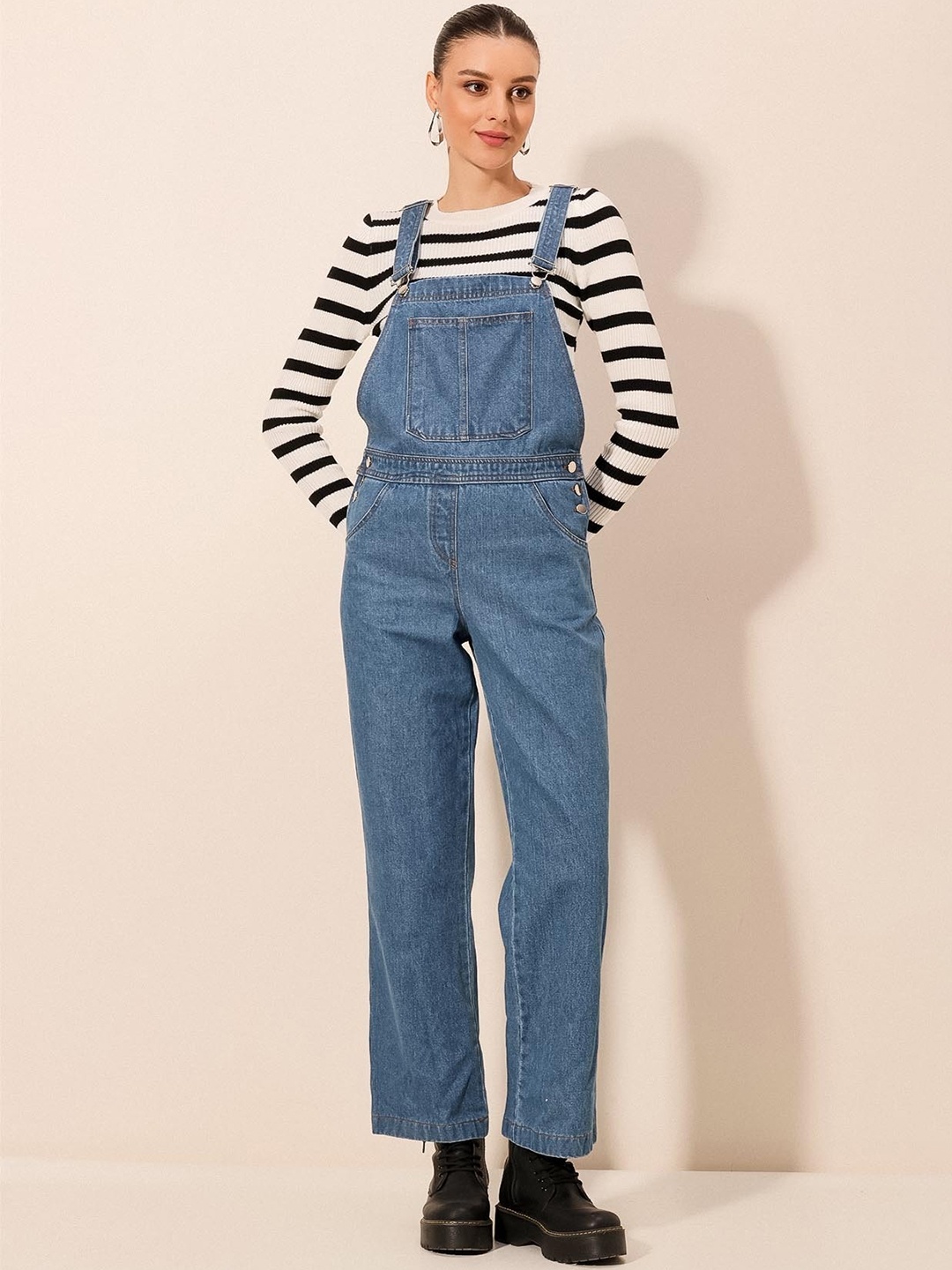 

BIGDART Striped Pure Cotton Dungaree With T-Shirt, Na