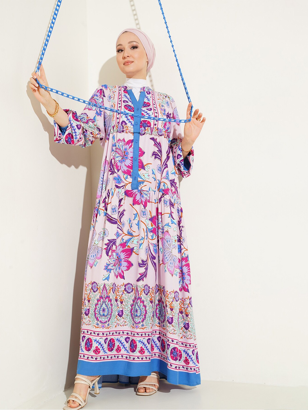 

BIGDART Floral Printed Mandarin Collar Flared Sleeve Maxi Dress, Na