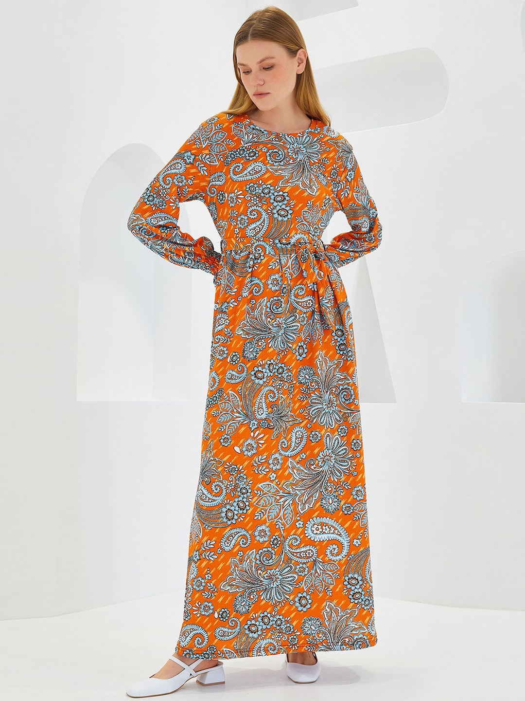 

BIGDART Floral Printed Flared Cuffed Sleeves Maxi Dress, Na